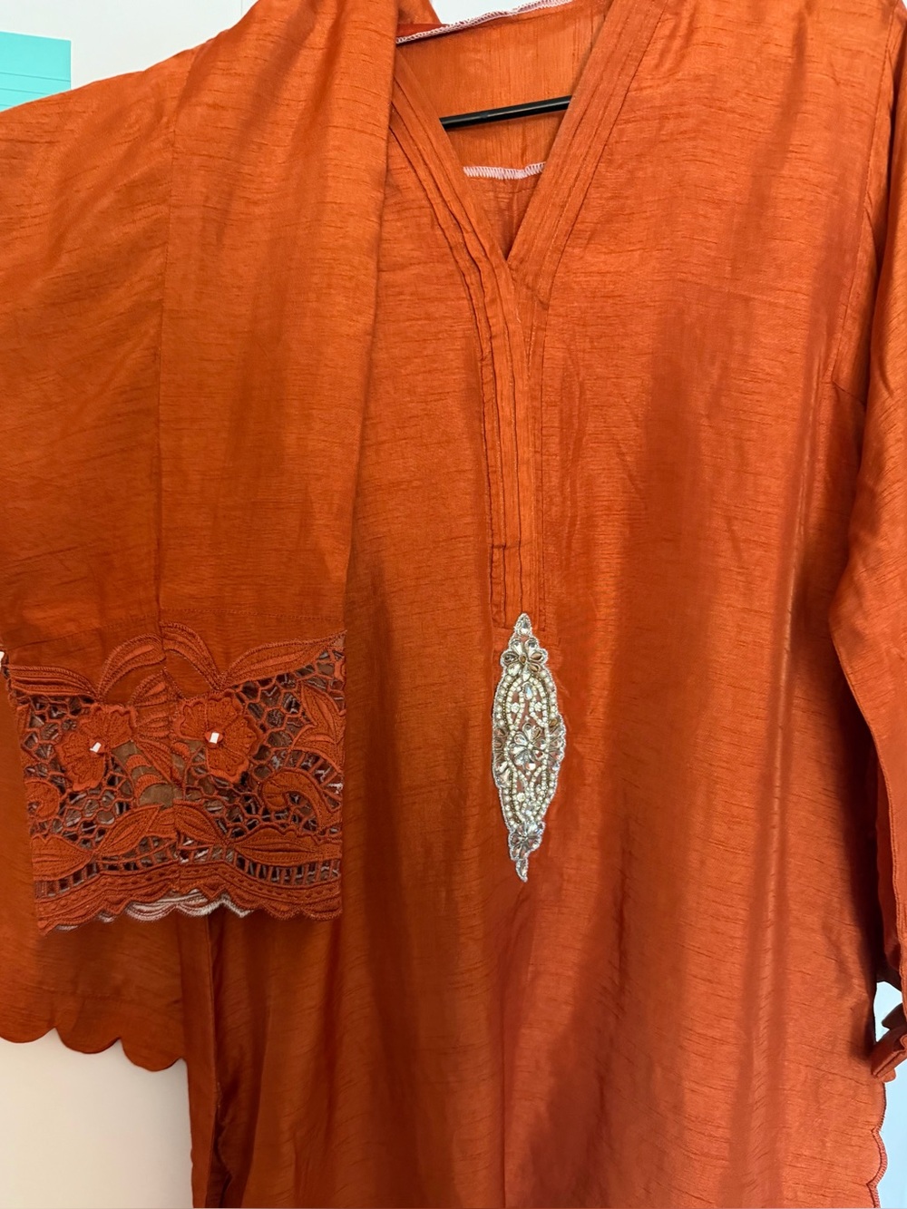 Women's Orange Embellished V-Neck Silk Shirt with pants and dupatta (3 piece)